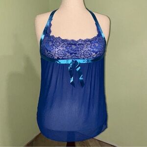 Unbranded Blue Lace Mesh Babydoll Halter Chemise Sheer Y2K Fairy Women’s Sz L